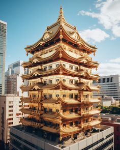 a tall golden building sitting in the middle of a city