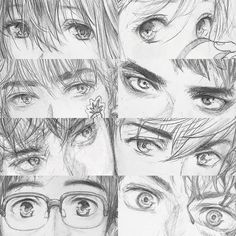 four different pictures of the same person's eyes and their faces, with one being drawn