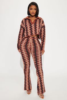 Available In Rust/combo. Sweater Pant Set Geometric Print Long Sleeve Collar Flare Pant Elastic Waistband Stretch Inseam: 33" Disclaimer: Print Placement May Vary. 50% Rayon 30% Polyester 20% Nylon Imported | Blaire Sweater Pant Set in Rust size Large by Fashion Nova Plus Size Fall, Fall Fit, Flare Pant, Fall Fits, Curve Dresses, Mens Activewear, Pant Set, Sweater Pants, Matching Dresses