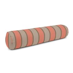 an orange and brown striped yoga mat on a white background, with the bottom rolled up