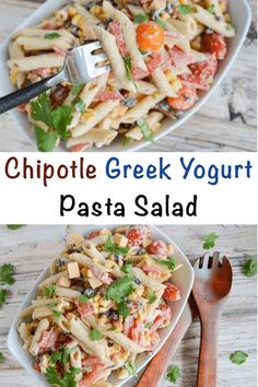 two pictures with different types of pasta salads in them and the words, chipotle greek yogurt pasta salad