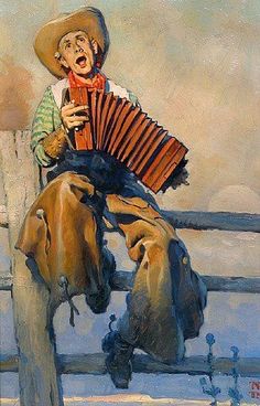 a painting of a man sitting on a fence playing an accordian instrument while wearing a cowboy hat