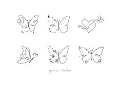 four different butterflies with hearts and stars on their wings, all drawn in one line