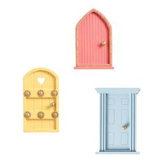 there are four different doors and one is pink, blue, yellow, and white