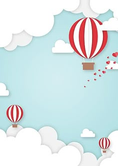 two hot air balloons floating in the sky with hearts coming out of them and clouds