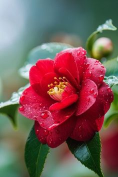 a red flower with green leaves and water droplets on it's petals is shown