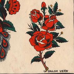 two drawings of roses and peacocks on a white background with the words sailor vern written below