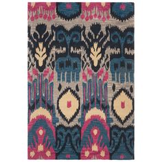 an area rug with various colors and designs on it, including blue, pink, yellow and