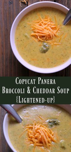 two bowls filled with broccoli and cheddar soup on top of a wooden table