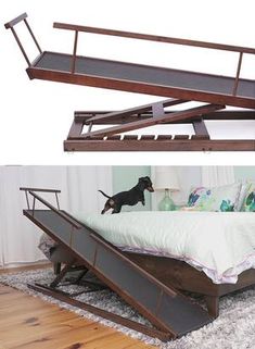 a bed with a dog standing on it's side and another photo of the same bed