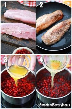 the steps to make cranberry sauce in a skillet with meat and berries