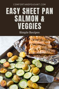 easy sheet pan salmon and veggies recipe with text overlay