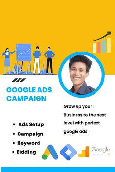 the google ads campaign is displayed in front of a yellow and blue background with an image of