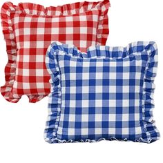 three red, white and blue pillows with ruffled edges