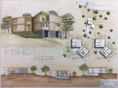 an architectural drawing of a house surrounded by trees