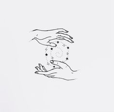 two hands reaching for each other with stars in the sky above them on a white background