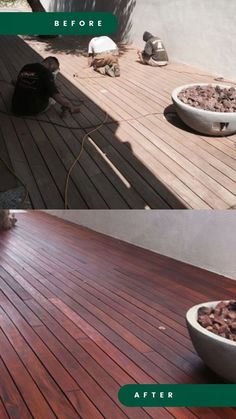 before and after pictures of a wooden deck