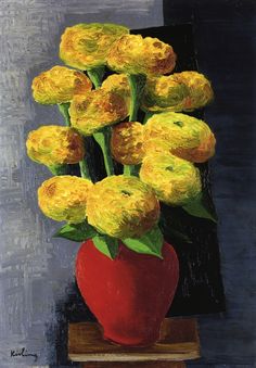 a painting of yellow flowers in a red vase