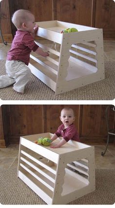 two pictures of a baby playing in a wooden bunk bed with apples on the top and bottom