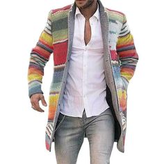 Mens Long Cardigan, Casual Trench Coat, Winter Overcoat, Hoodie Cardigan, Top Plus Size, Casual Cardigans, Long Sleeves Coats, Men's Knit, Striped Cardigan