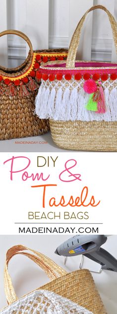 DIY Pom & Tassel Basket Beach Totes, Easy DIY just add some trim to a basket tote and you have the latest trend in fashion for this summer! Bohemian tote, boho bag, tassel bag, pom pom, tassel bag charms, see the tutorial on madeinaday.com Diy Beach Bag, Diy Summer Clothes, Sacs Tote Bags, Beach Totes, Tassel Bag Charm, Sac Diy, Woven Bags, Boho Fashion Summer, Basket Tote