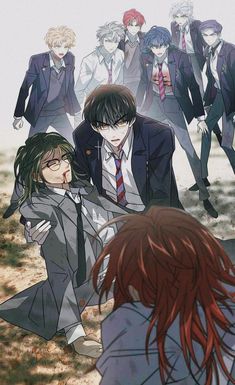 an anime scene with people in suits and ties, one is holding the other's head