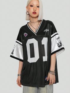 Women's Summer Sport Breathable Mesh Number Printed Color-Blocked Over Size T-Shirt Black Casual  Half Sleeve Knitted Fabric Letter  Medium Stretch  Women Clothing, size features are:Bust: ,Length: ,Sleeve Length: Baseball Jersey Outfit Women, Tomboy Type, Sport Marketing, Outfit Ideas Dress, Hip Hop Costumes, Street Style Outfits Casual, Girly Style Outfits, 2025 Mood, Number Shirt