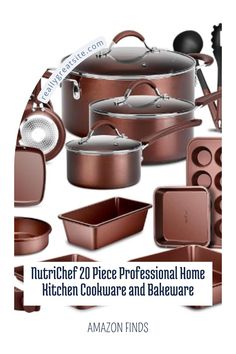 an advertisement for the kitchen cookware and bakeware line, featuring copper pots and pans