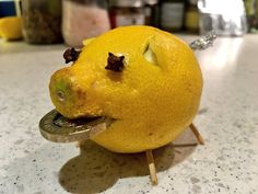 a close up of an orange on a table with a coin in it's mouth