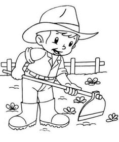 a coloring page with a boy digging in the dirt and holding a shovel, while wearing a hat