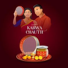 happy karwa chauthi greeting card with couple holding mirror and honey jar