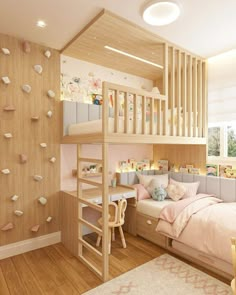 a child's bedroom with bunk bed, desk and stairs in the wall next to it