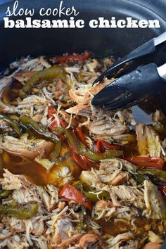 slow cooker balsamic chicken with peppers and onions in a crock pot