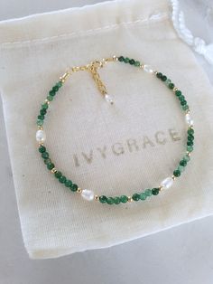 Delicate beaded gemstone bracelet made with tiny dark green, 2mm round Jade beads, freshwater pearls and 2mm round gold-filled beads.   The bracelet is finished with a 14ct gold-filled clasp and extension chain which allows a length between 17-19cm.  Perfect if gifting. ☆ 14ct gold-filled is a high quality, affordable alternative to solid gold.  It consists of a thick layer of gold which is mechanically bonded to the base metal.  With minimal care, gold-filled jewellery can last for years and wi Diy Bracelet Designs, Handmade Wire Jewelry, Beaded Bracelets Diy