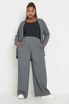 Shop YOURS Curve Grey Textured Pinstripe Wide Leg Trousers at Yours Clothing. Discover women’s plus size clothing in sizes 10-36 with fast delivery. Casual Suits Women, Grey Pinstripe Trousers Outfit, Trousers Outfit Plus Size, Plus Size Smart Casual, Wide Leg Trousers Plus Size, Plus Size Corporate Outfits, Pinstripe Wide-leg Workwear Pants, Classic Pinstripe Wide-leg Dress Pants, Smart Casual Suit