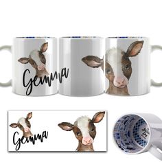 two coffee mugs with the words genna and a photo of a baby goat