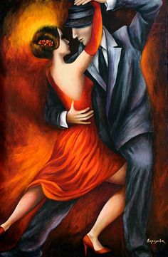 a painting of a man and woman dancing