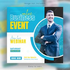 a blue and yellow business event flyer with a man in a suit on the front