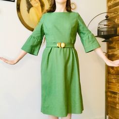 Beautiful Vintage Midcentury Forest Green Dress With Bell Sleeves And Matching Belt. No Tag, So It Was Possibly Handmade. Not Sure Of The Fabric, But It Has A Thickness To It Which Would Make It Great For The Fall And Winter. It's Also Lined Underneath. Has A Working Zipper In The Back With A Hook And Eye Closure At The Top. Measurements (Laid Flat): Chest: 18" Waist: 16" Sleeve Length: 16" Front Length: 38.5" Back Length: 39.5" Belt Measures 32" Long. For Reference, I Am 5'7" And Normally Wear A Size Small Or A Size 4. This Dress Was Big On Me, And Was Pinned In The Back For Modeling Photos. In Good Vintage Condition. Forest Green Dress, Forest Green Dresses, Modeling Photos, Vintage Forest, Dress With Bell Sleeves, 1960s Dress, Top Measurements, 1960's Dress, Bell Sleeve Dress