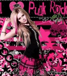 a girl with pink hair is standing in front of a black and pink wallpaper