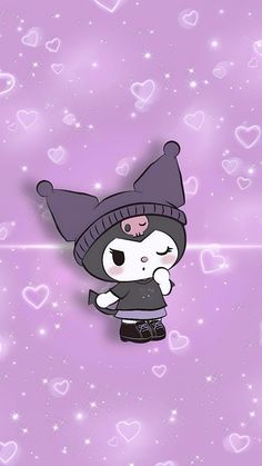 an animal with a hat and boots standing in front of some hearts on a purple background