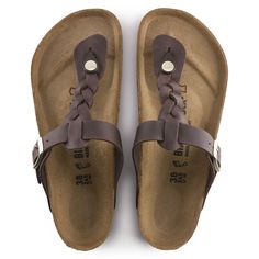 Brown Leather Footbed T-strap Sandals, Brown T-strap Sandals With Cushioned Footbed, Leather T-strap Flip Flops With Cork-bed Midsoles, Brown T-strap Sandals With Leather Footbed, Leather Toe Post Flip Flops With Cork-bed Midsoles, Brown Toe Post Flip Flops With Leather Footbed, Birkenstock Styles, Birkenstock Style, Wooden Sandals