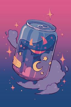 an illustration of a jar with stars and moon inside it, floating in the air