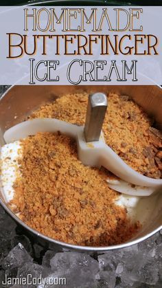 homemade butterfingerer ice cream in a metal bowl