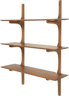 a wooden shelf with three shelves on each side and one shelf holding two bookshelves