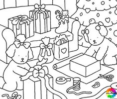 a coloring page with two teddy bears and presents on the table in front of a christmas tree