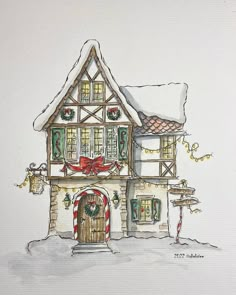 a watercolor and ink drawing of a house with christmas decorations on the front door