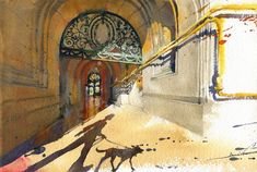 a watercolor painting of a person walking a dog in an old building with arched doorways