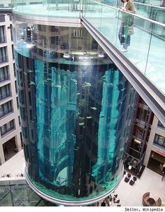 an aquarium in the middle of a building with people looking at it from high up