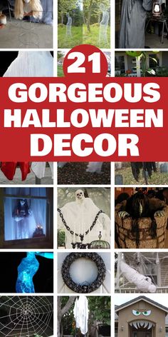 21 Gorgeous Halloween decorations collage including ghosts, skeletons, and spider webs with a variety of creative designs. Diy Halloween Bat Decorations, Lawn Ghosts, Yard Ghosts, Chicken Wire Ghost, Wire Ghosts, Unique Decor Ideas, Cheesecloth Ghost, Festive Halloween Decor